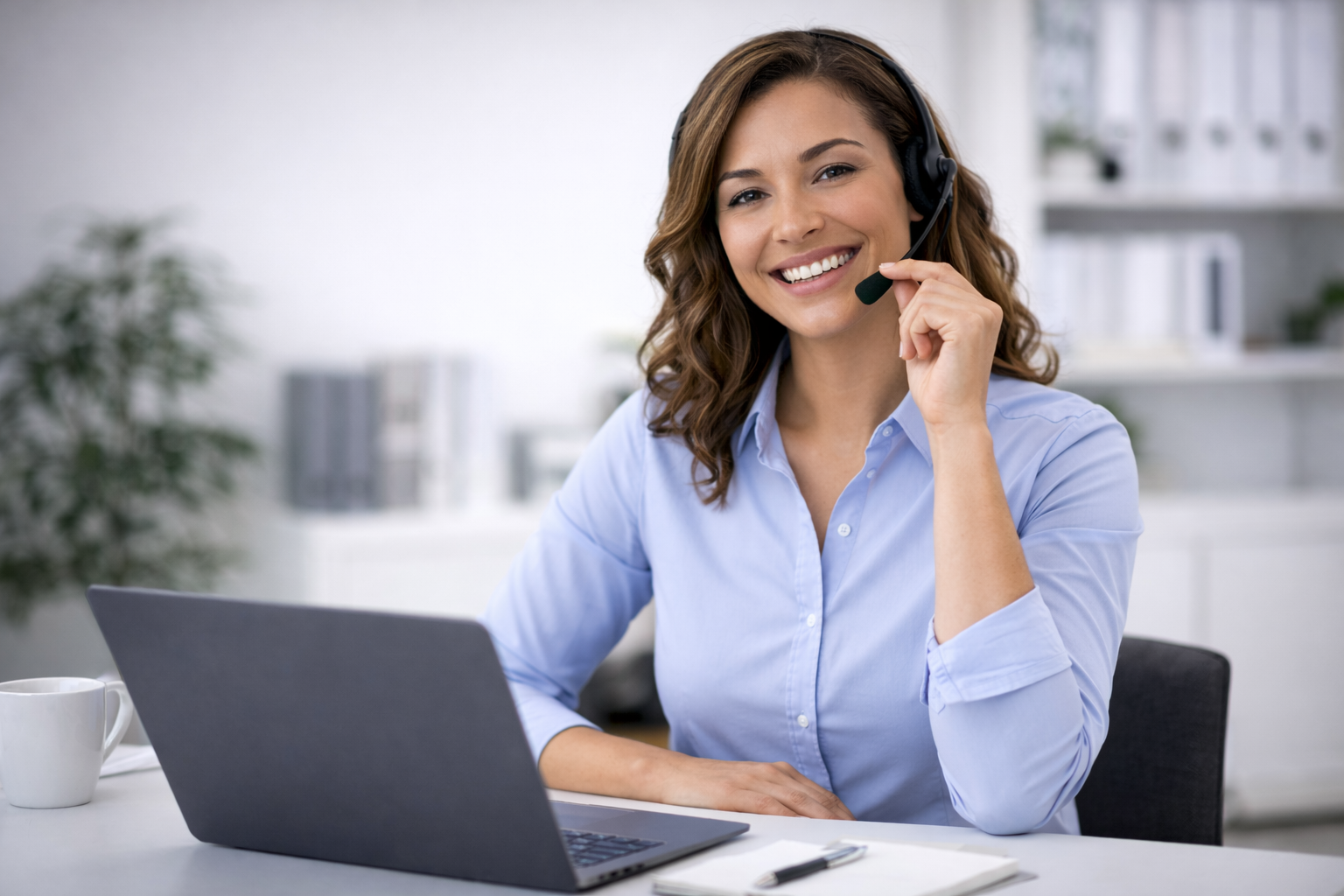 Friendly customer support representative wearing headset assisting clients with website questions