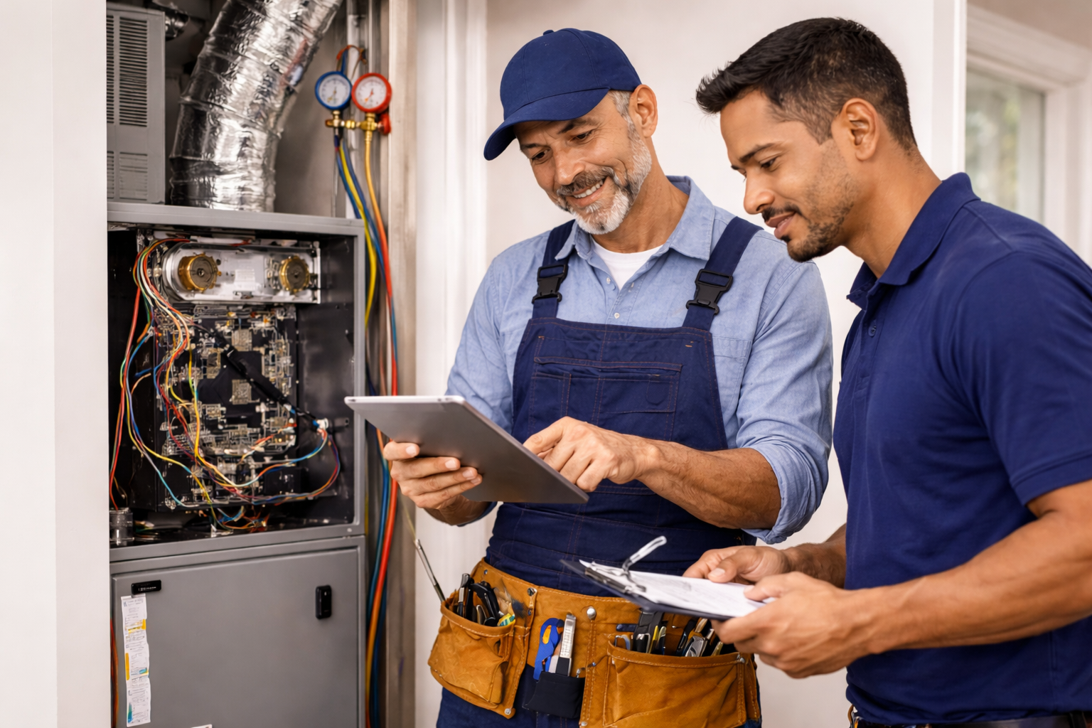 HVAC technicians inspecting air conditioning unit