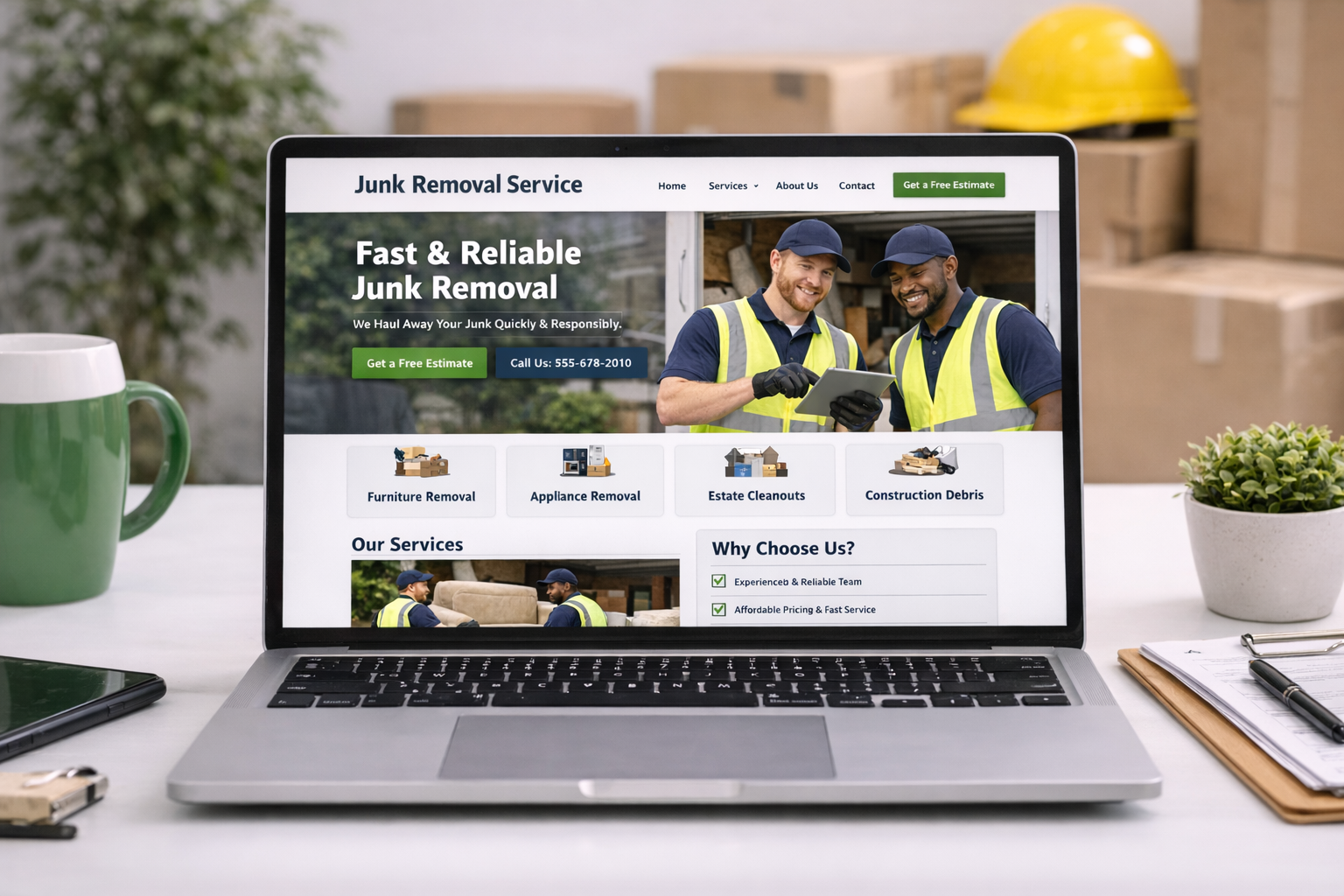 Junk removal service website on desk