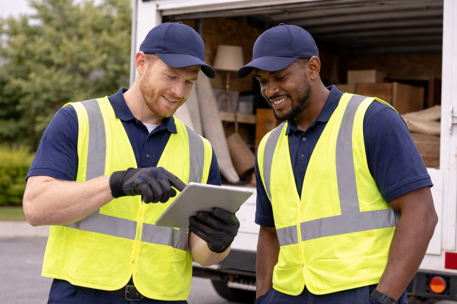 Junk removal workers reviewing plans