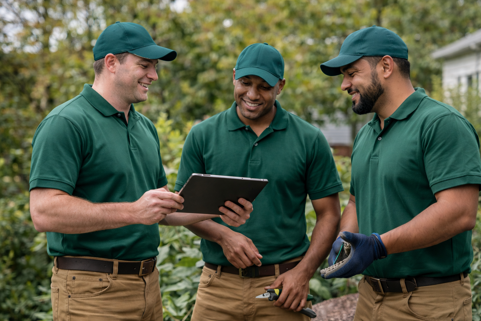 Landscapers reviewing plans in garden