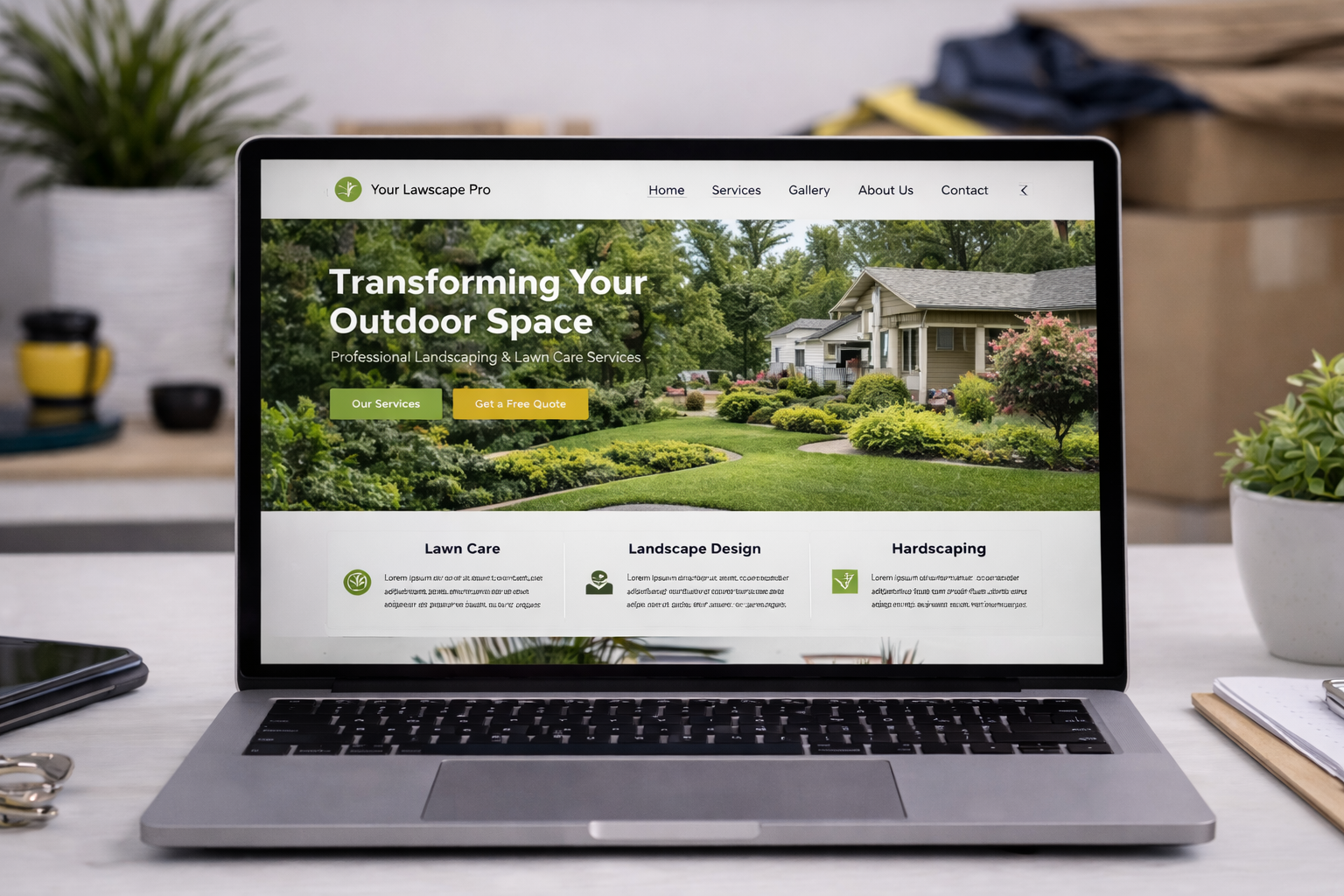 Landscaping service website on laptop