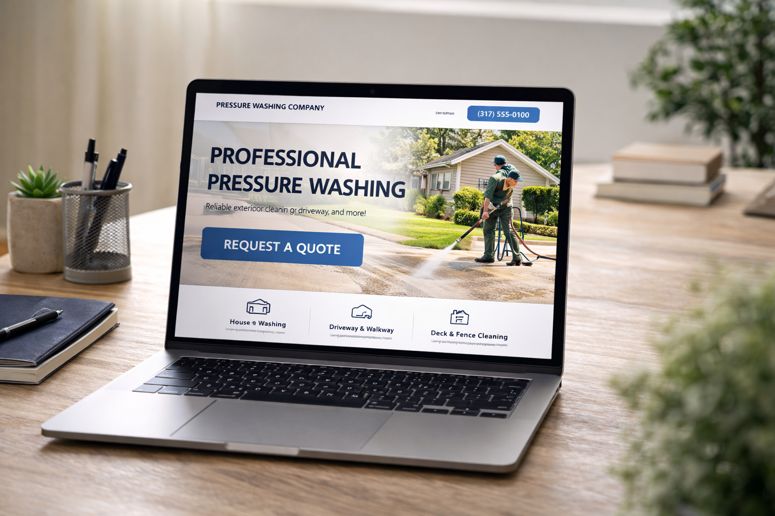 Laptop showcasing pressure washing services
