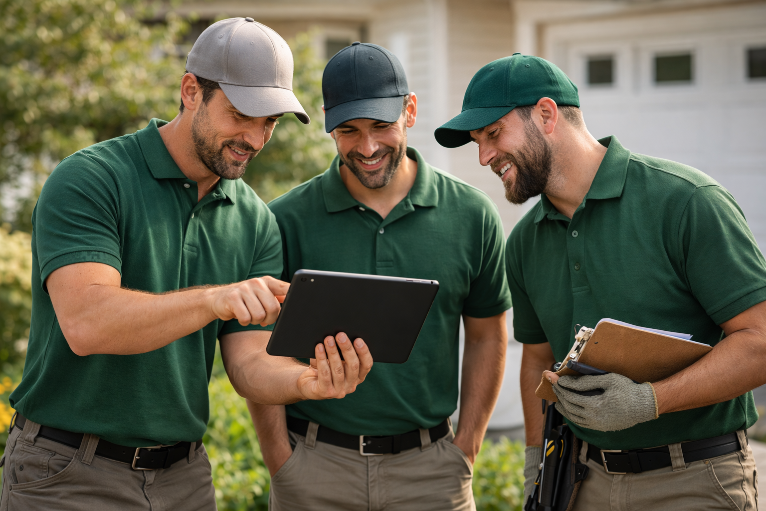 Lawn care team reviewing website details
