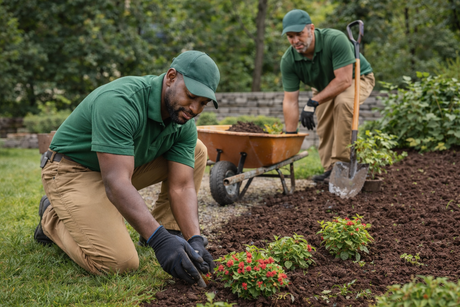 landscaping team installing plants and maintaining yard for residential property improvement