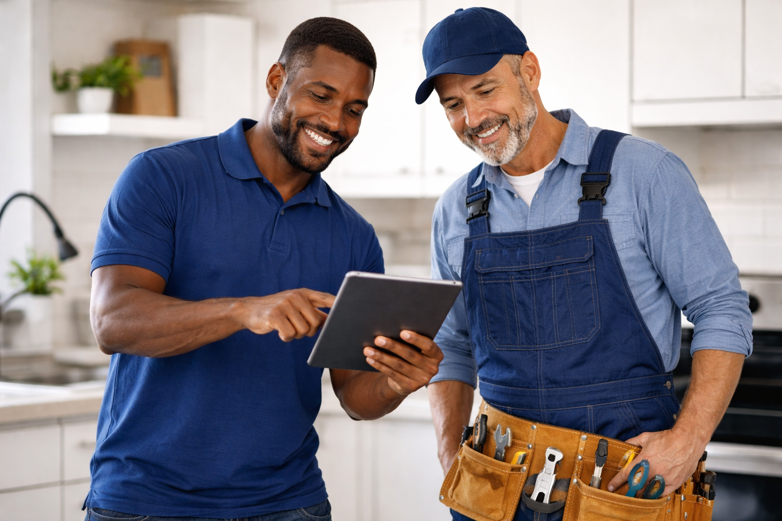 Plumbers reviewing plans in modern kitchen