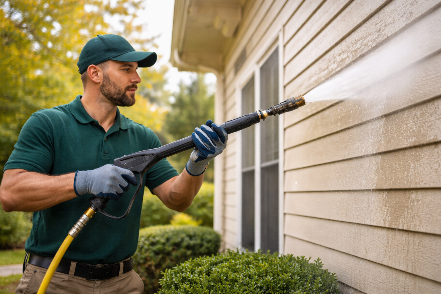 pressure washing service cleaning driveway and exterior surfaces for residential property