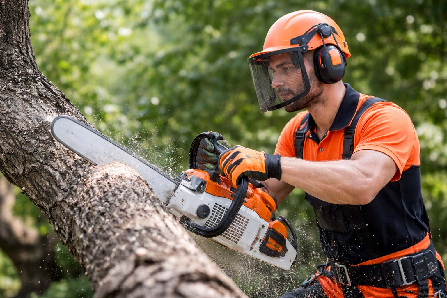 tree service professional cutting branches with chainsaw residential tree removal and trimming
