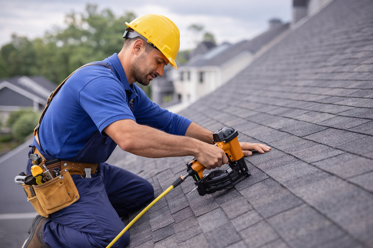roofing contractor installing shingles on residential home roof repair and replacement service