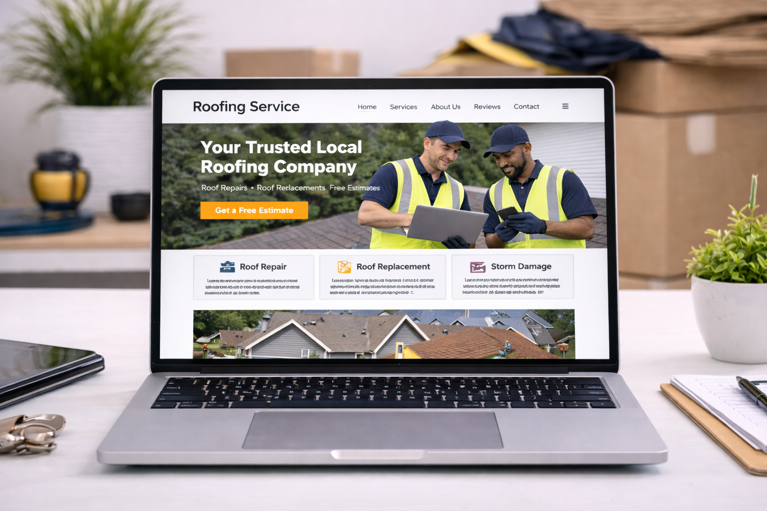 Roofing service website on MacBook Pro
