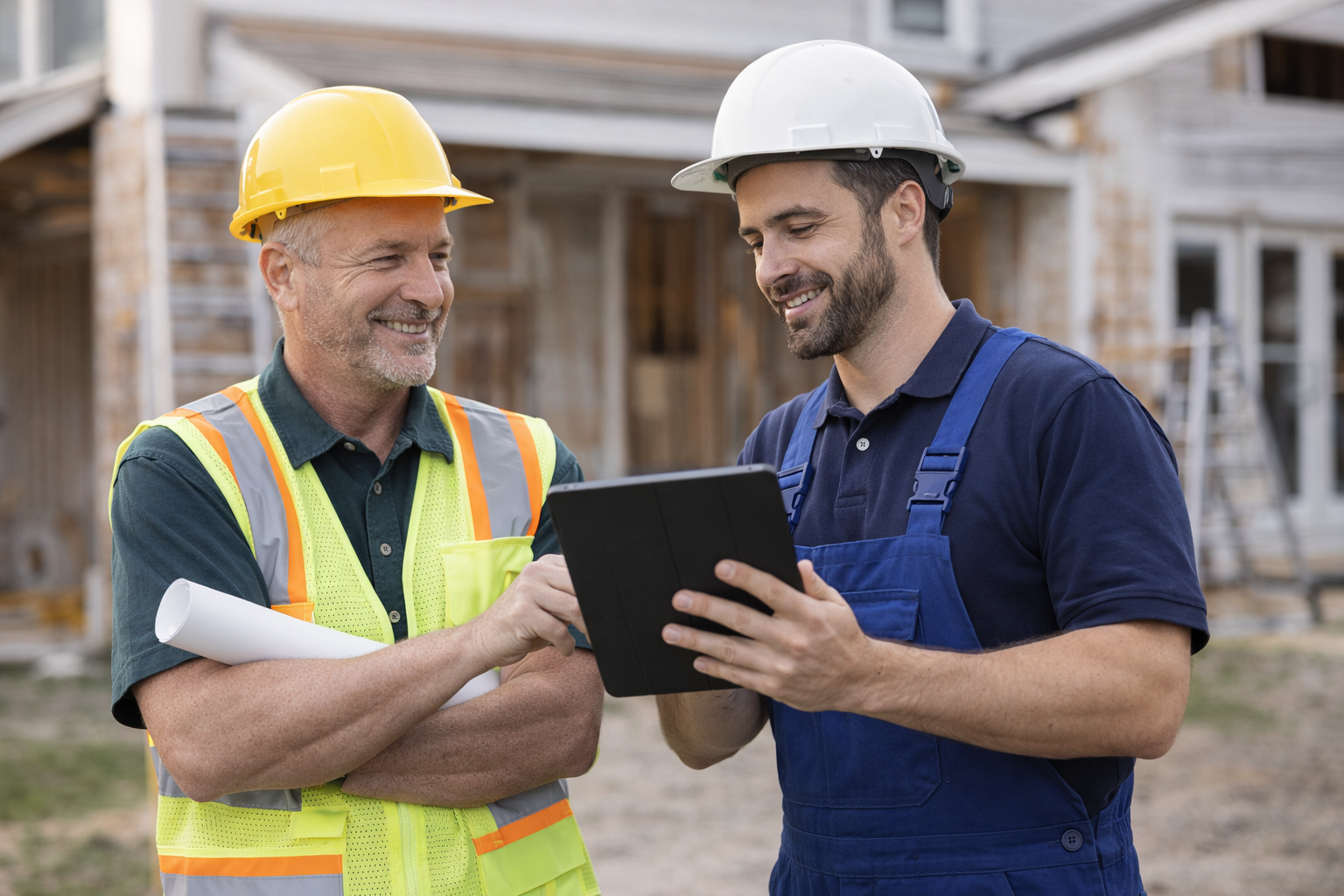 team reviewing contractor website design strategy on tablet during business consultation